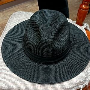 Designer Black Straw  Hat w  Satin black decor band.  1Sz $34 +Free hat.